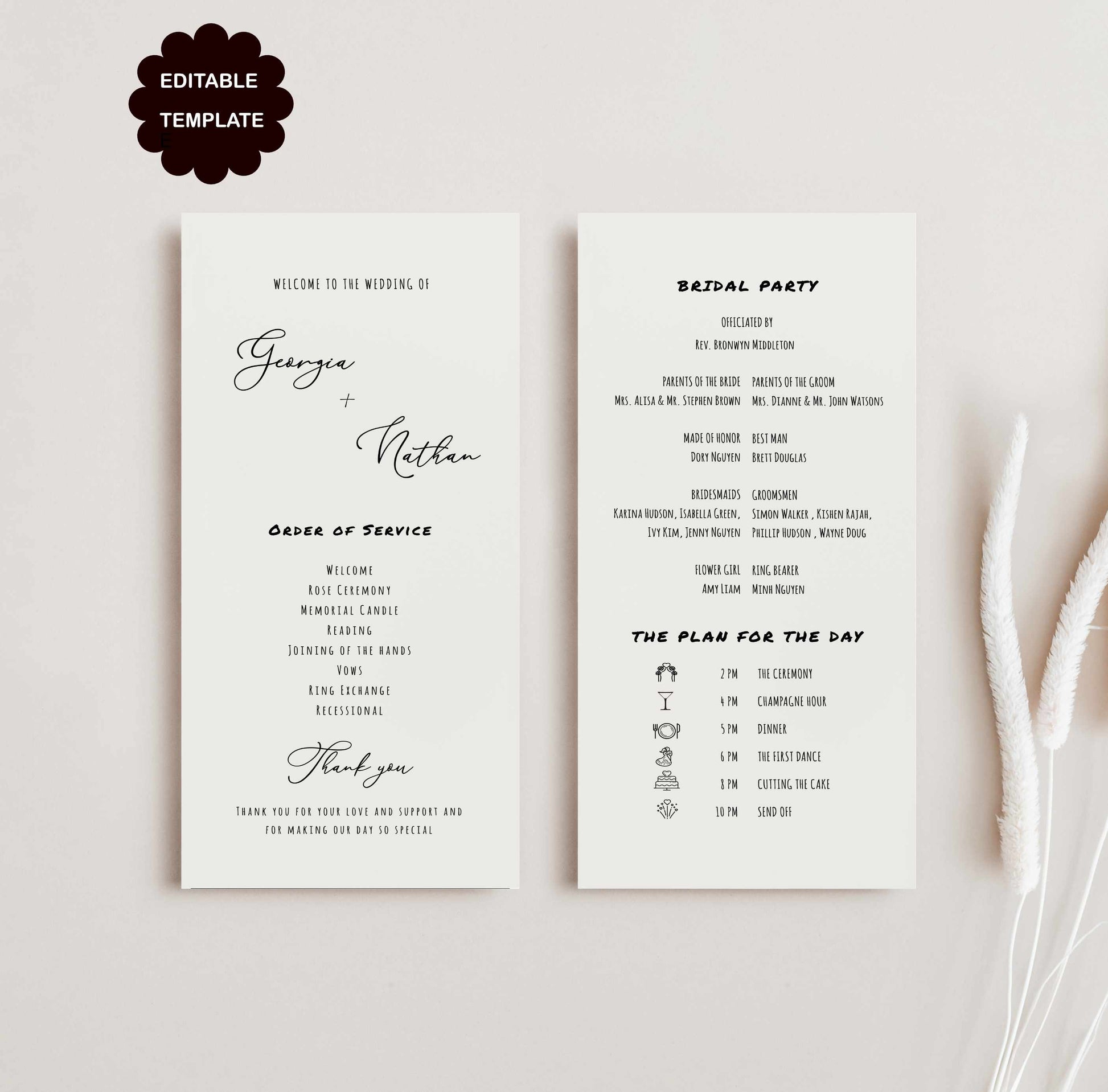 hand drawn wedding program, double side long program, ceremony program, french vintage inspired wedding