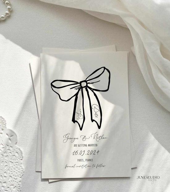 romantic hand drawn bow wedding save the date invitation template printable