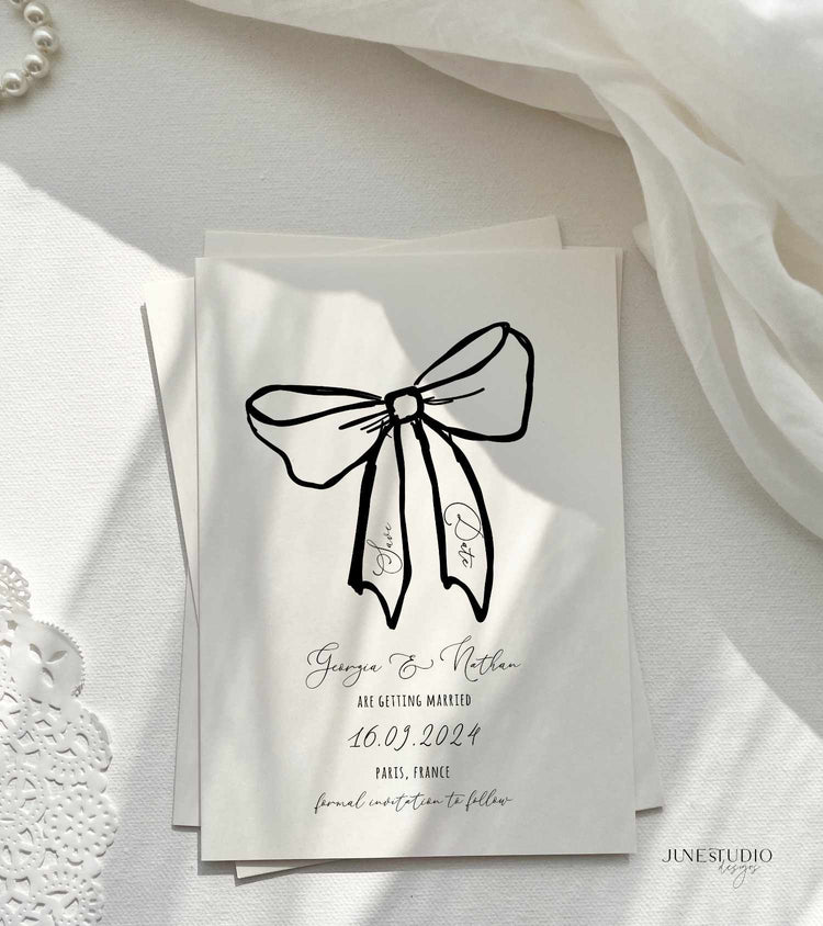 romantic hand drawn bow wedding save the date invitation template printable