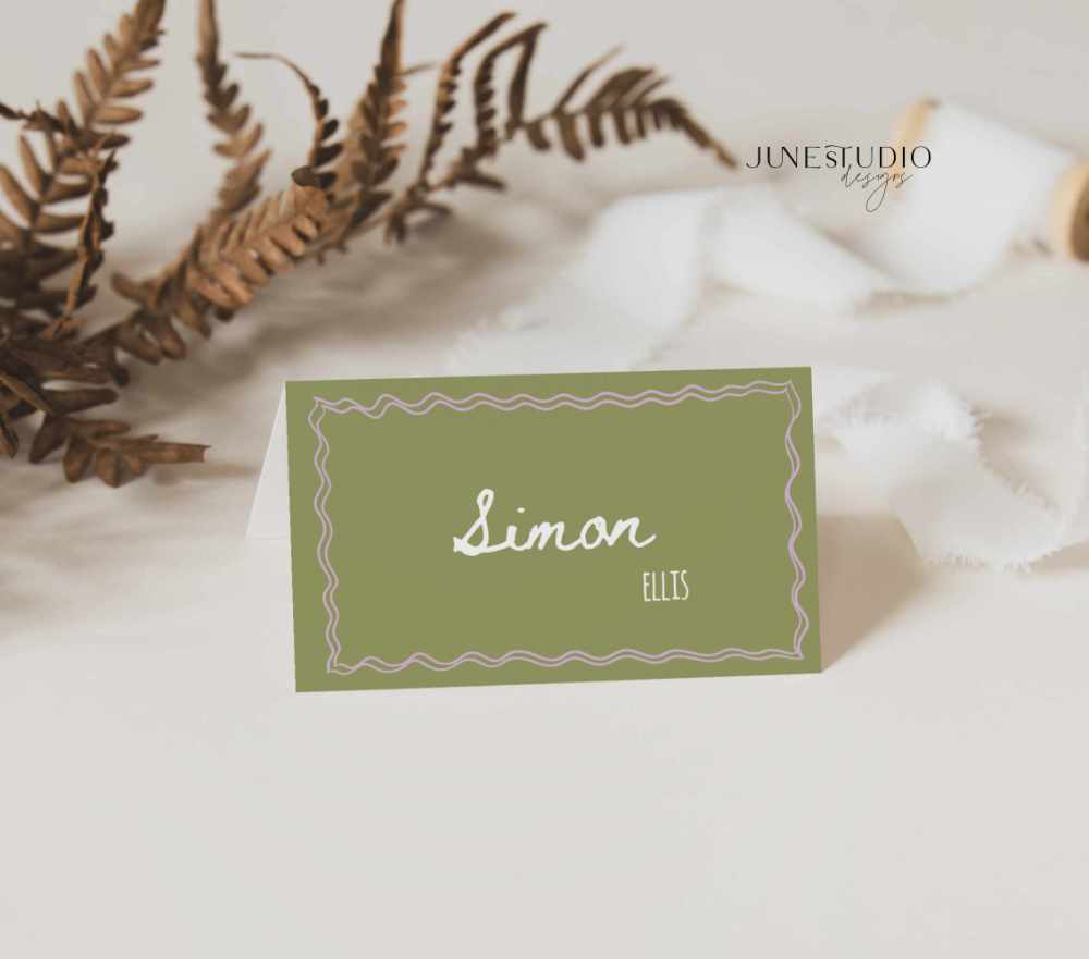 customizable whimsical Hand drawn Sage Green tent and flat Place Card Set Template