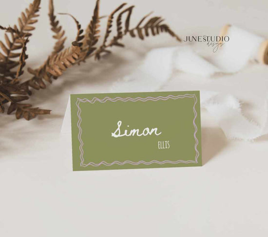 customizable whimsical Hand drawn Sage Green tent and flat Place Card Set Template