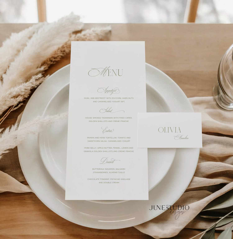 Sage Green Wedding Reception Menu and Place Card Set Template