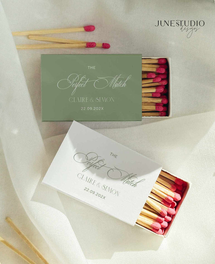 sage green the perfect match matchbox label template. One match box is white background and the other has green background with white texts