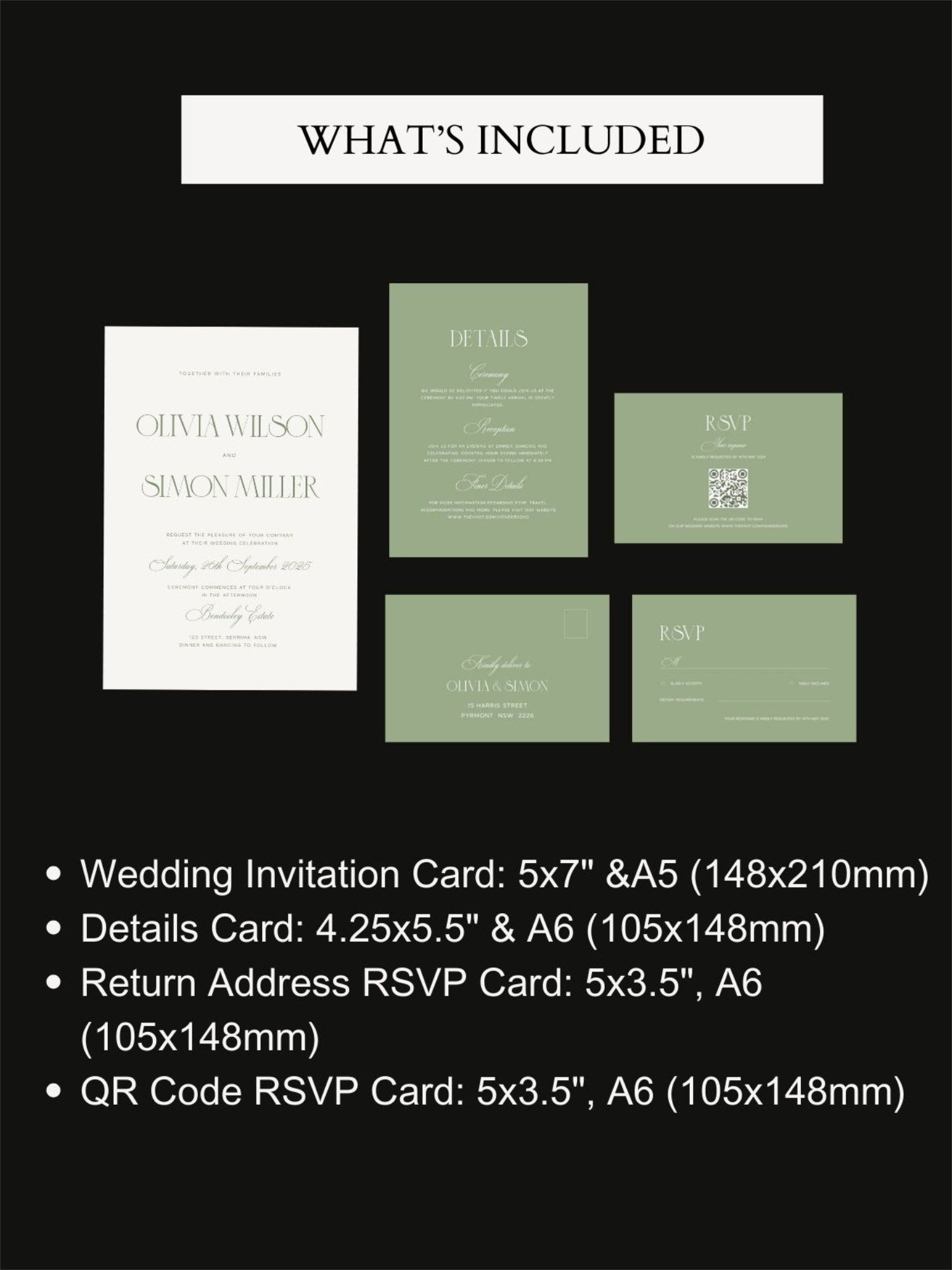 set of 4 green and white wedding invitation, details card and rsvp card digital template customizable