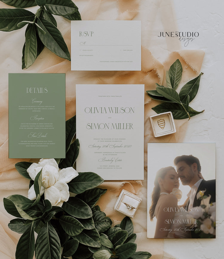 modern luxe sage green wedding invitation suite with photo digital templates
