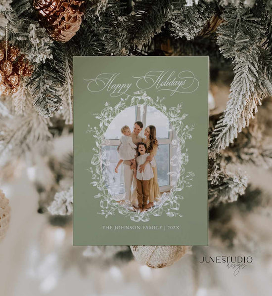 happy holidays sage green photo card template