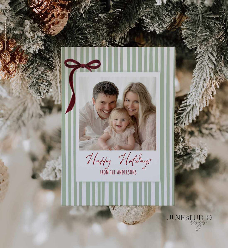 Striped Green Red Bow Christmas Photo Card Template