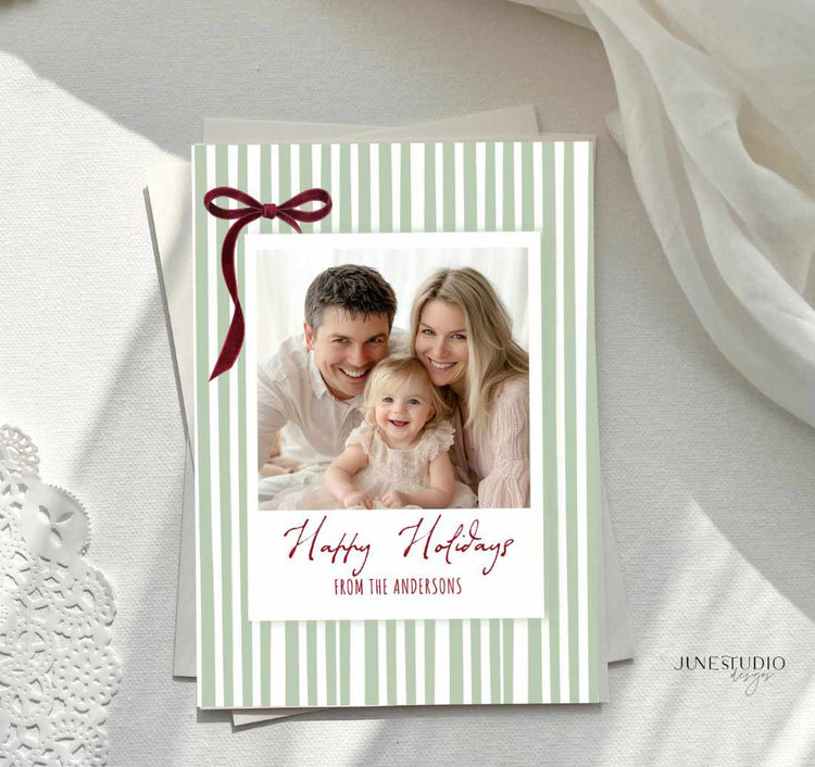 Striped Green Red Bow Christmas Photo Card Template