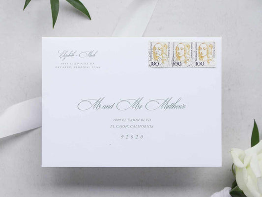 wedding envelope witg guest address and couple address on the top left of the envelope. texts are in green