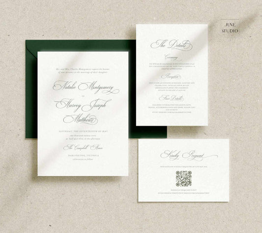 Vintage Green Elegant Script Wedding Invitation Suite Template