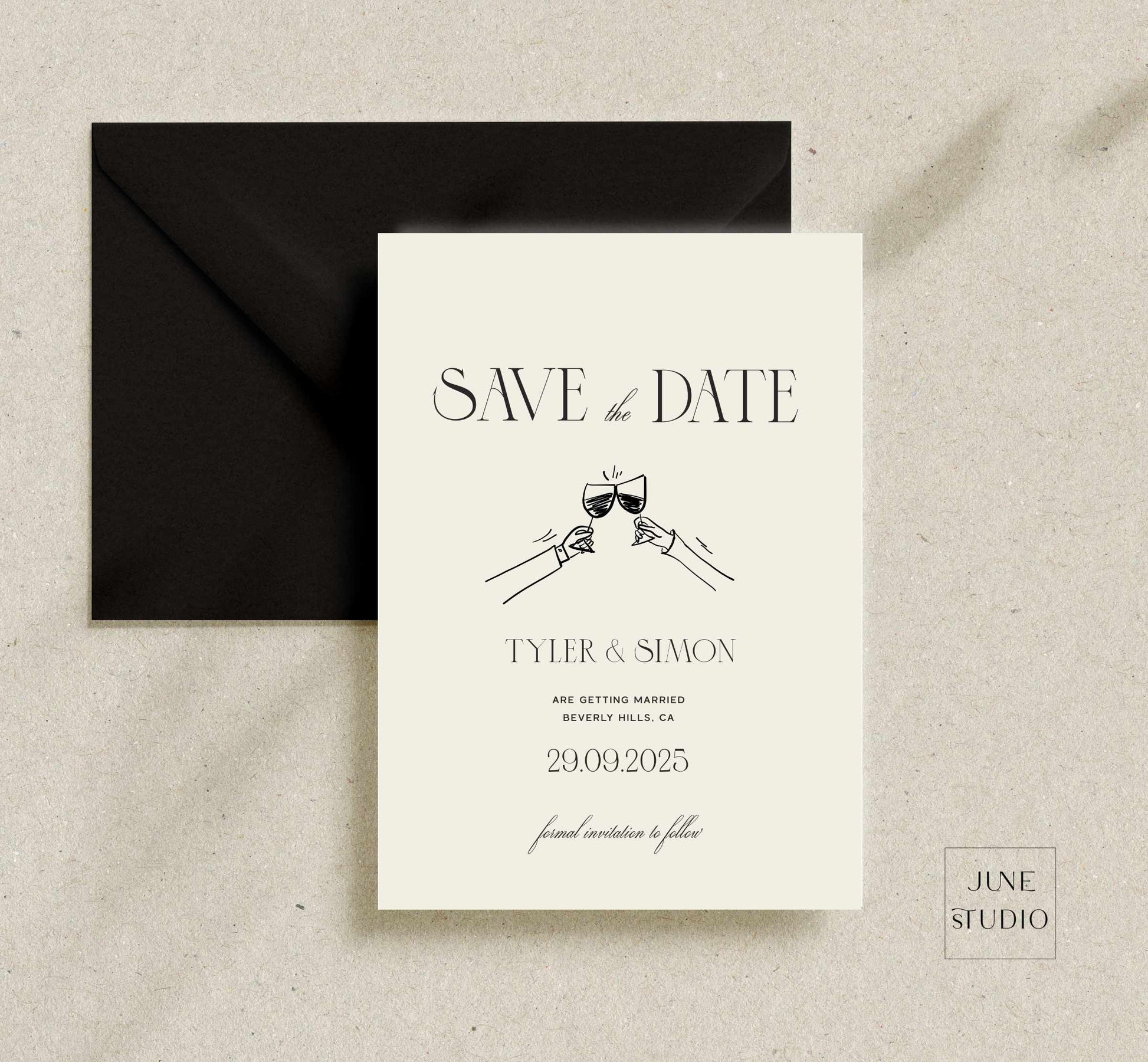 toast illustrated wedding save the date invitation card template, editable digital template, hand drawn cheers save date invite, old money vintage inspired wedding , 90's aesthetic