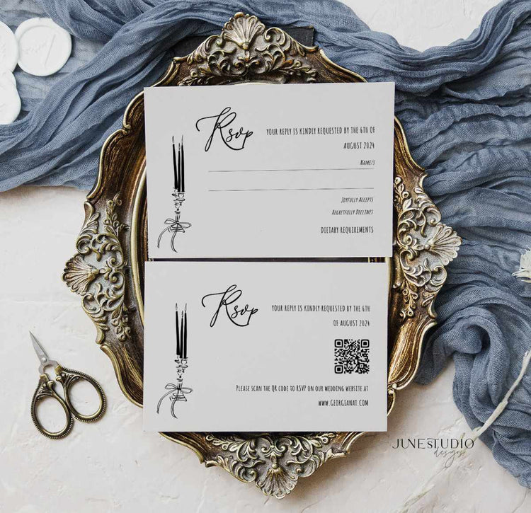 hand drawn response card with qr code and the second design is dobule side with return address