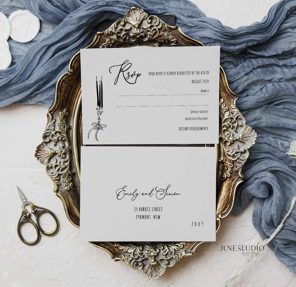 editable hand drawn response card with dietary requirement with return address on the reserve side of the card