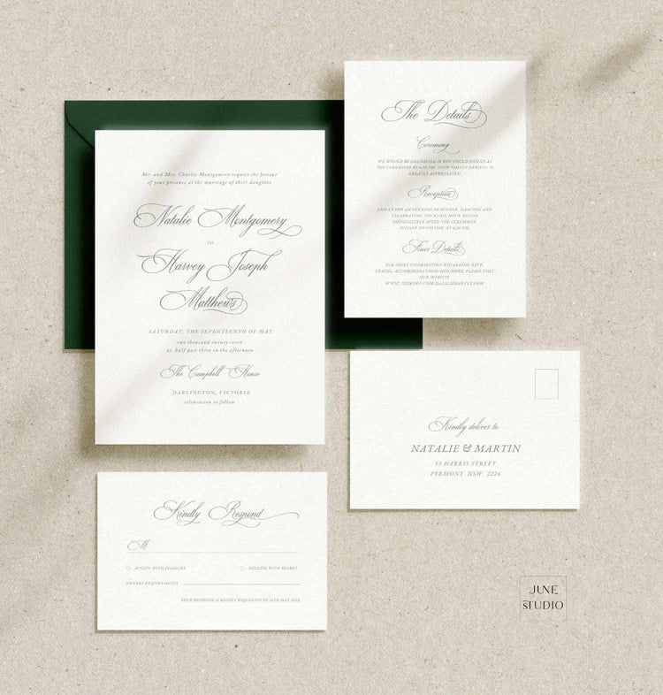 Vintage Green Elegant Script Wedding Invitation Suite Template