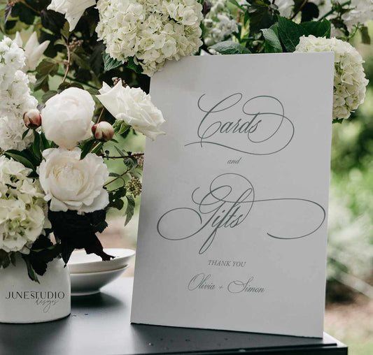 elegant timeless script cards and gifts wedding sign printable template with green text on white background
