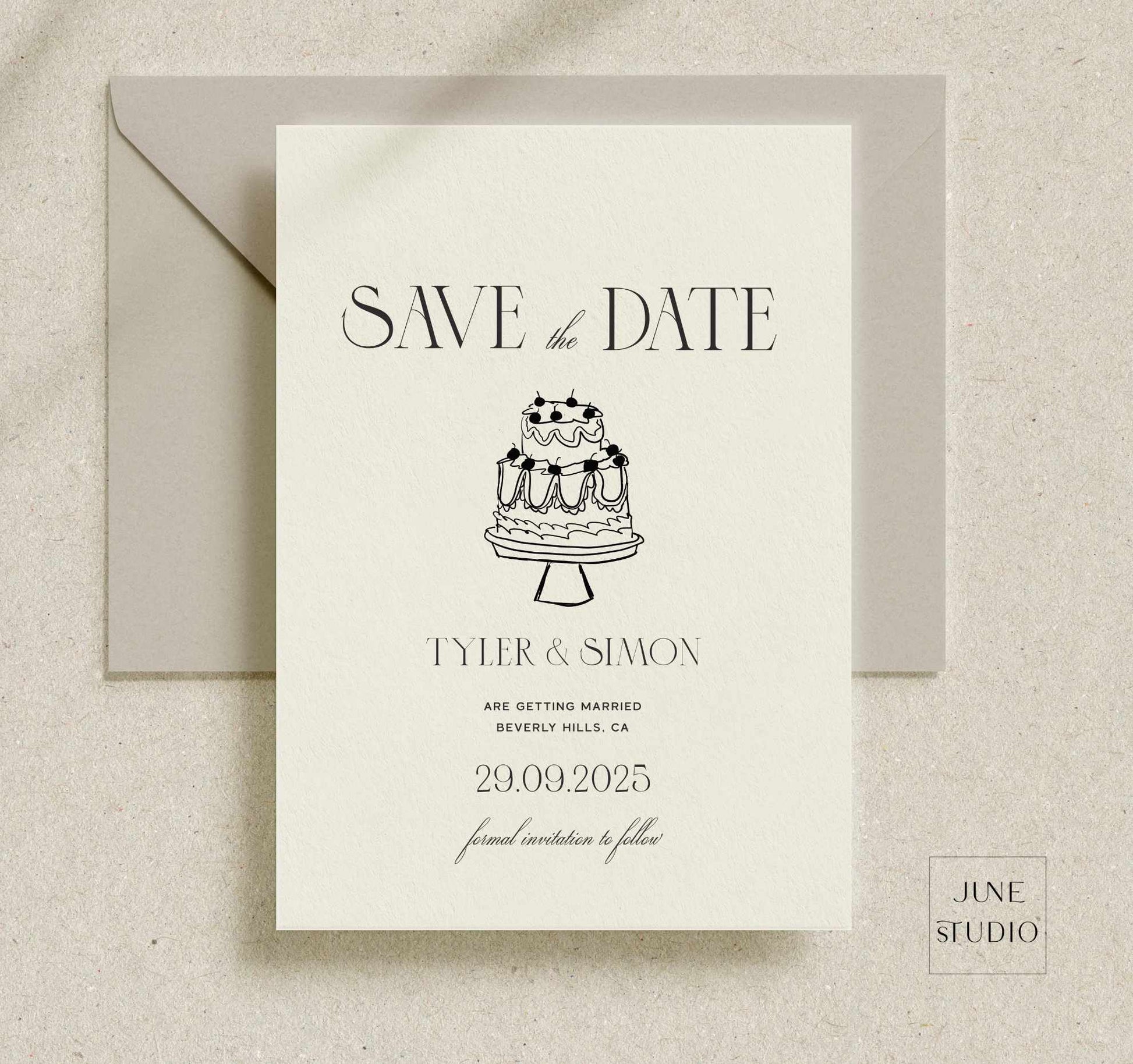 vintage cake illustrated save the date invitation digital template, modern vintage inspired, 90's aesthetic, hand drawn modern retro cake save the date invitation
