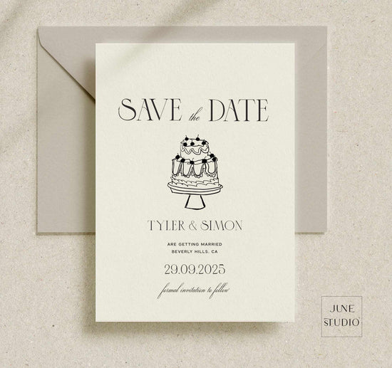 vintage cake illustrated save the date invitation digital template, modern vintage inspired, 90's aesthetic, hand drawn modern retro cake save the date invitation