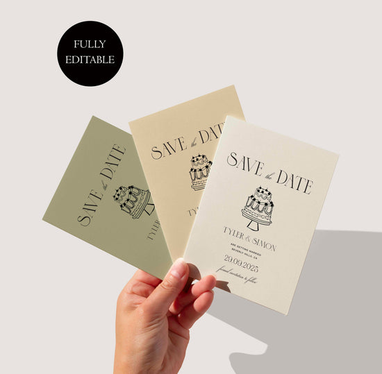 vintage cake illustrated save the date invitation digital template, modern vintage inspired, 90's aesthetic, hand drawn modern retro cake save the date invitation