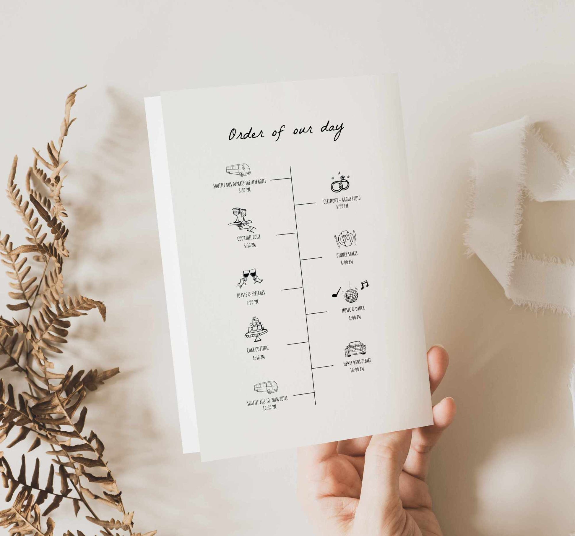 folded hand-drawn wedding program templates featuring whimsical illustrations and hand written typography with wedding timeline