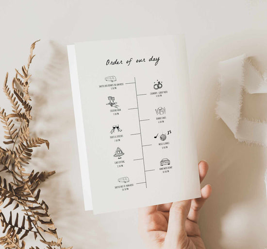 folded hand-drawn wedding program templates featuring whimsical illustrations and hand written typography with wedding timeline