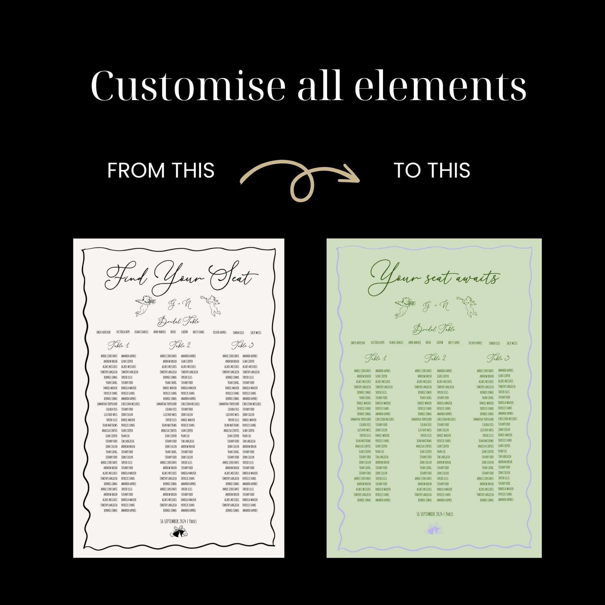 customizable whimsical hand-drawn wedding seating chart digital template featuring angels, wedding bells, and bow