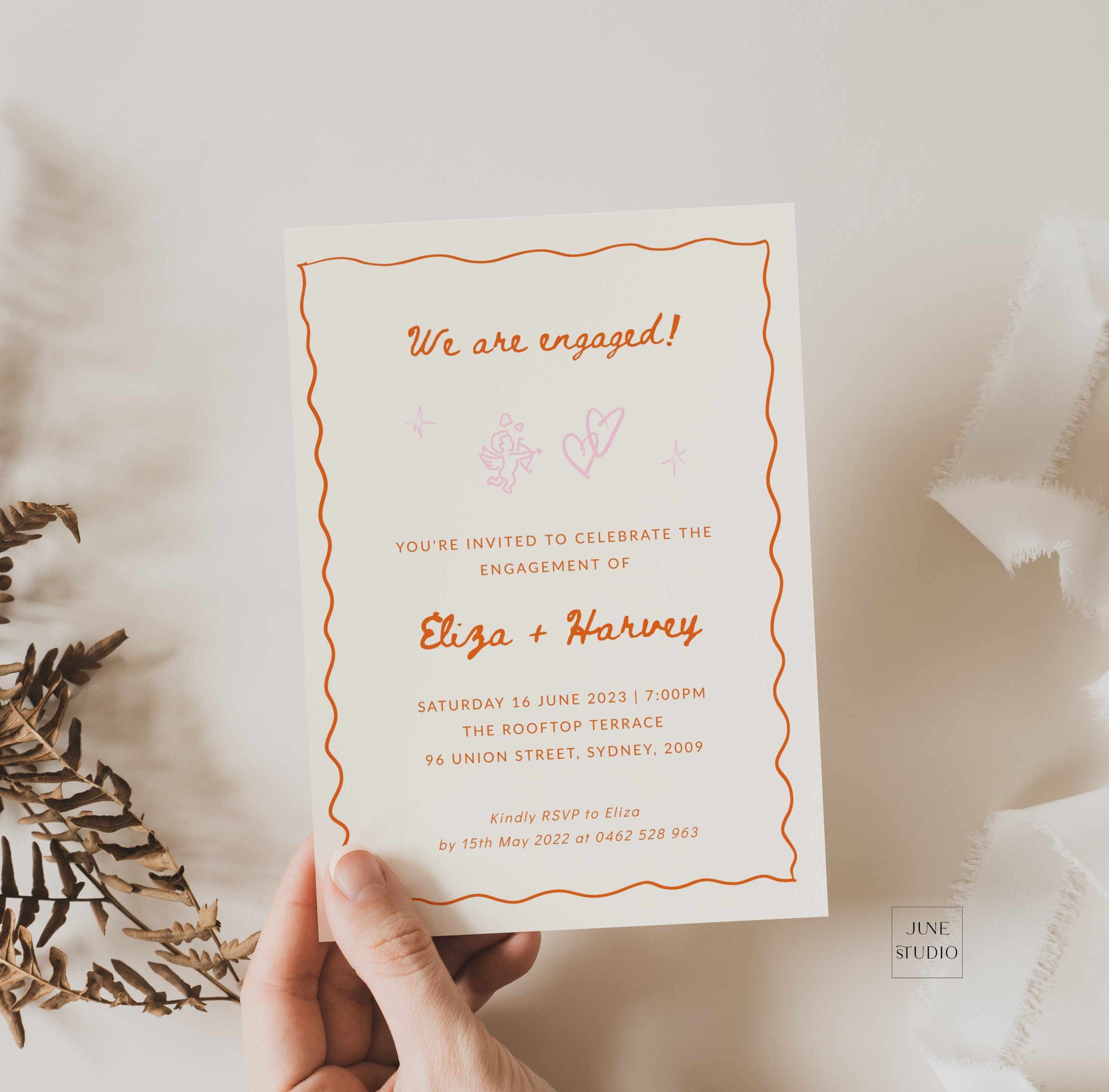 whimsical hand drawn wavy border digital phone engagement invitation editable template cherub love hearts