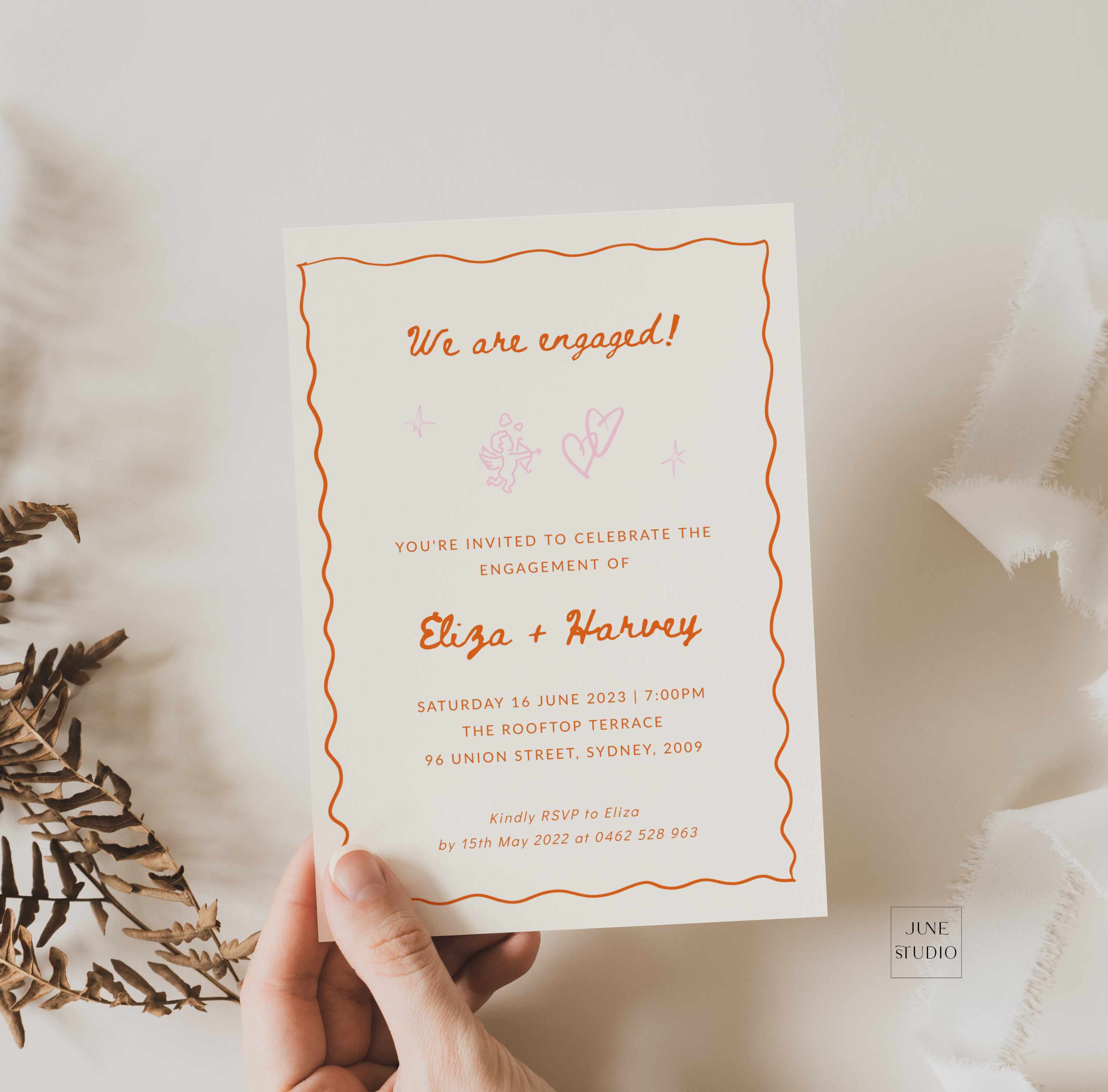 whimsical hand drawn wavy border digital phone engagement invitation editable template cherub love hearts