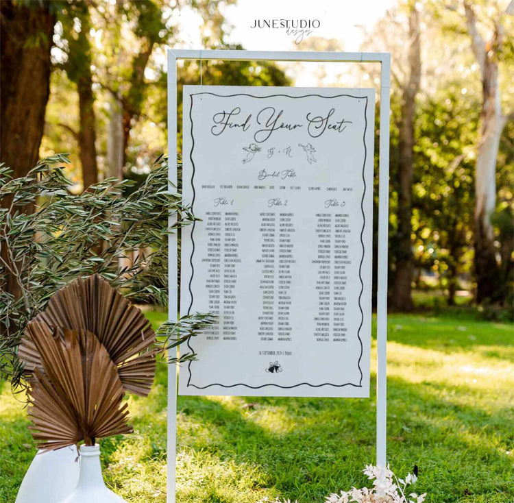 whimsical hand-drawn wedding seating chart digital template featuring 3 long tables