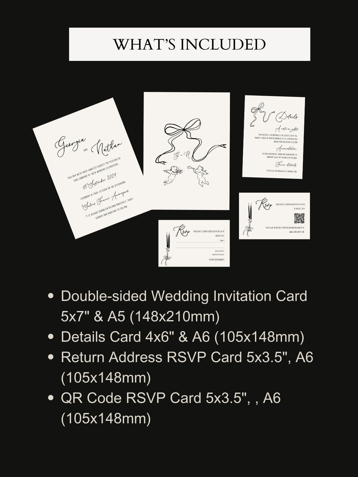 whimsical french inspired wedding invitation bundle features hand drawn bow and cherubs and hand written typography