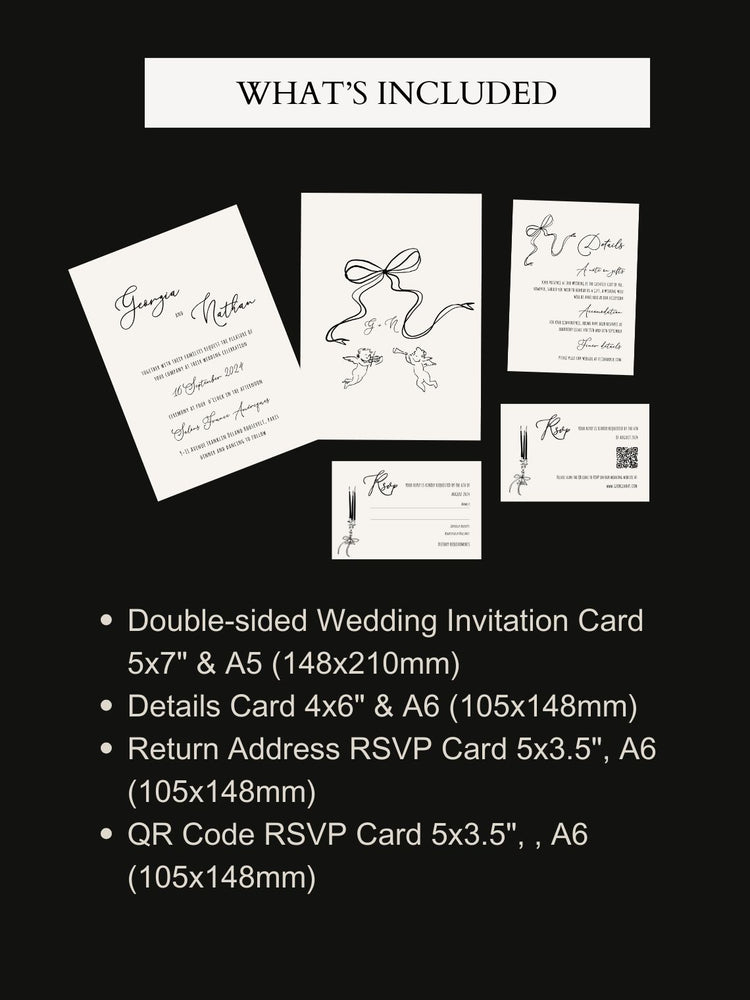 whimsical french inspired wedding invitation bundle features hand drawn bow and cherubs and hand written typography