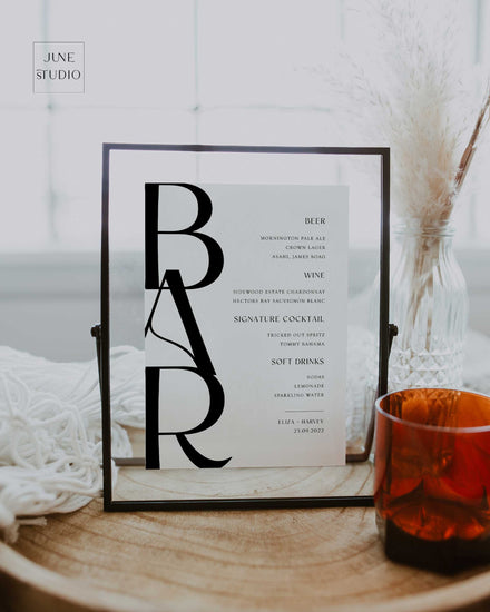 modern luxe wedding bar menu template, minimalist chic wedding bar signage digital template, editable, modern luxe wedding, editable wedding drinks menu, signature cocktails sign