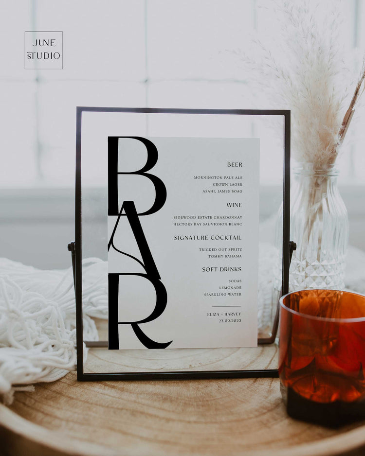 modern luxe wedding bar menu template, minimalist chic wedding bar signage digital template, editable, modern luxe wedding, editable wedding drinks menu, signature cocktails sign