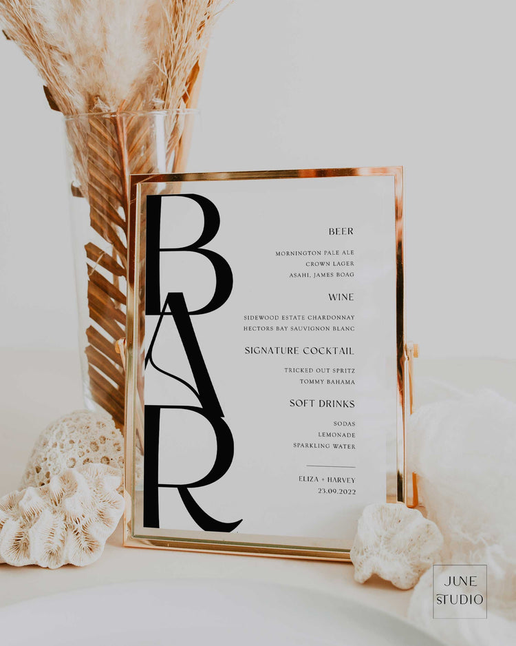 modern luxe wedding bar menu template, minimalist chic wedding bar signage digital template, editable, modern luxe wedding, editable wedding drinks menu, signature cocktails sign