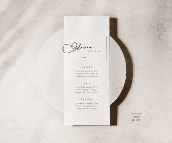 customizable minimalist Modern Script Wedding folded Place Card Digital Template