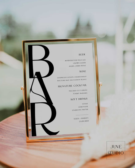 modern luxe wedding bar menu template, minimalist chic wedding bar signage digital template, editable, modern luxe wedding, editable wedding drinks menu, signature cocktails sign